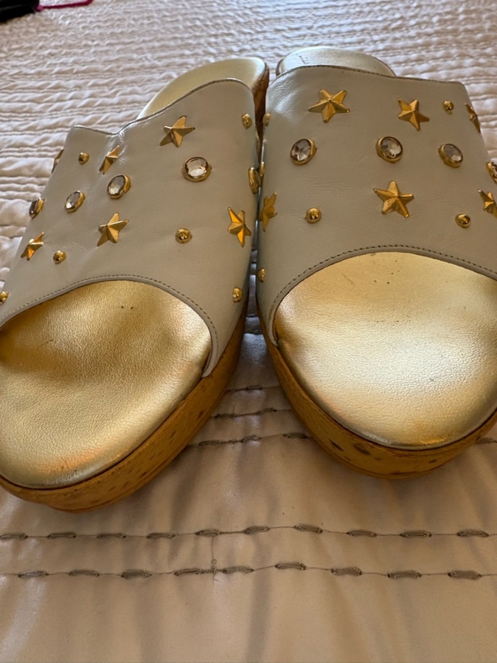 White & Gold Star Embellished Slide Sandals